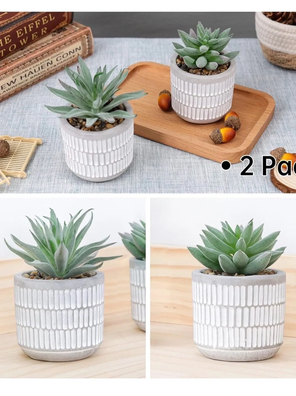 NIB Der Rose White Textured Ceramic Succulent Planter Faux Plants- Set of 2